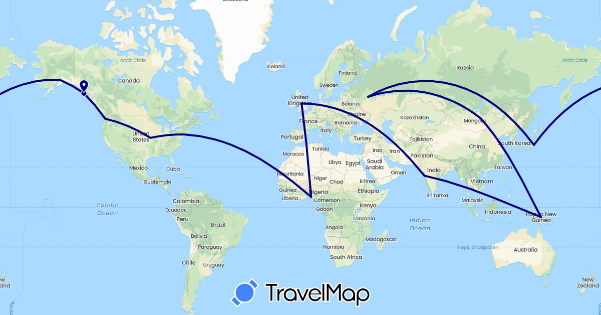 TravelMap itinerary: driving in United Kingdom, India, Japan, Mongolia, Nigeria, Papua New Guinea, Russia, United States (Africa, Asia, Europe, North America, Oceania)